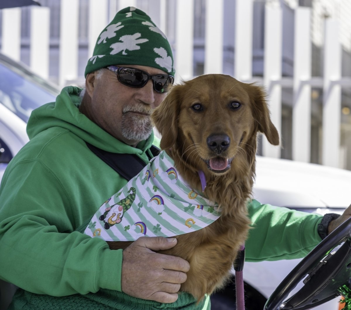 St. Patrick's Day Parade dog in green Man & dog dressed in green