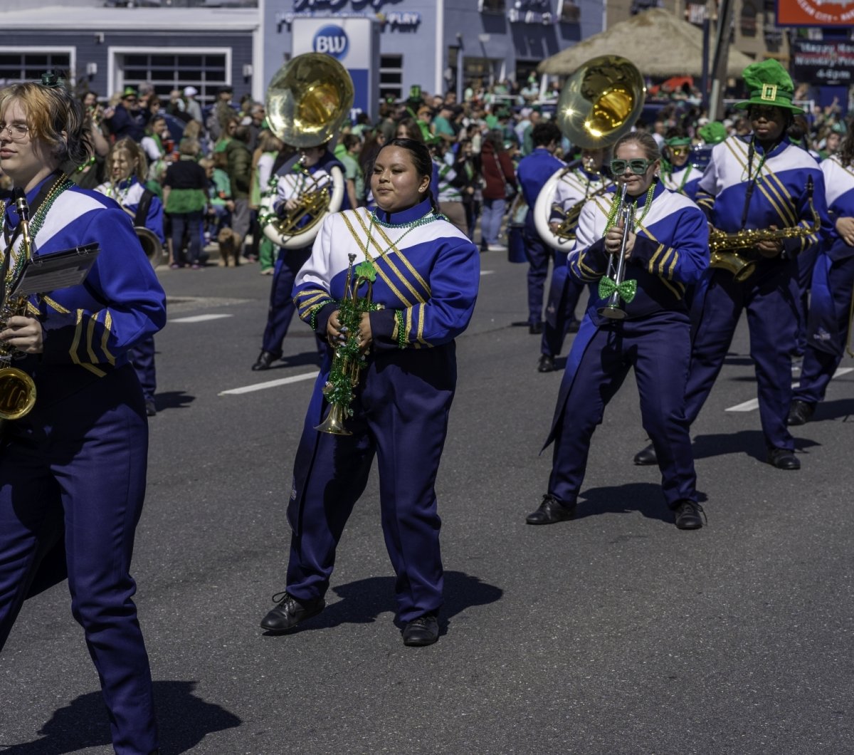 Marching band Marching band dressed in blue and white